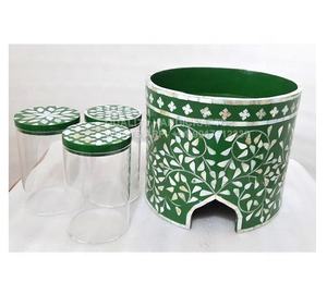 Arabic Style Ramadan Eid Gift Mother of Pearl Inlay <b>Cake</b> <b>Stand</b> 4 Pcs Wooden Lid <b>White</b> India Quality Handicrafts - Product Image 5