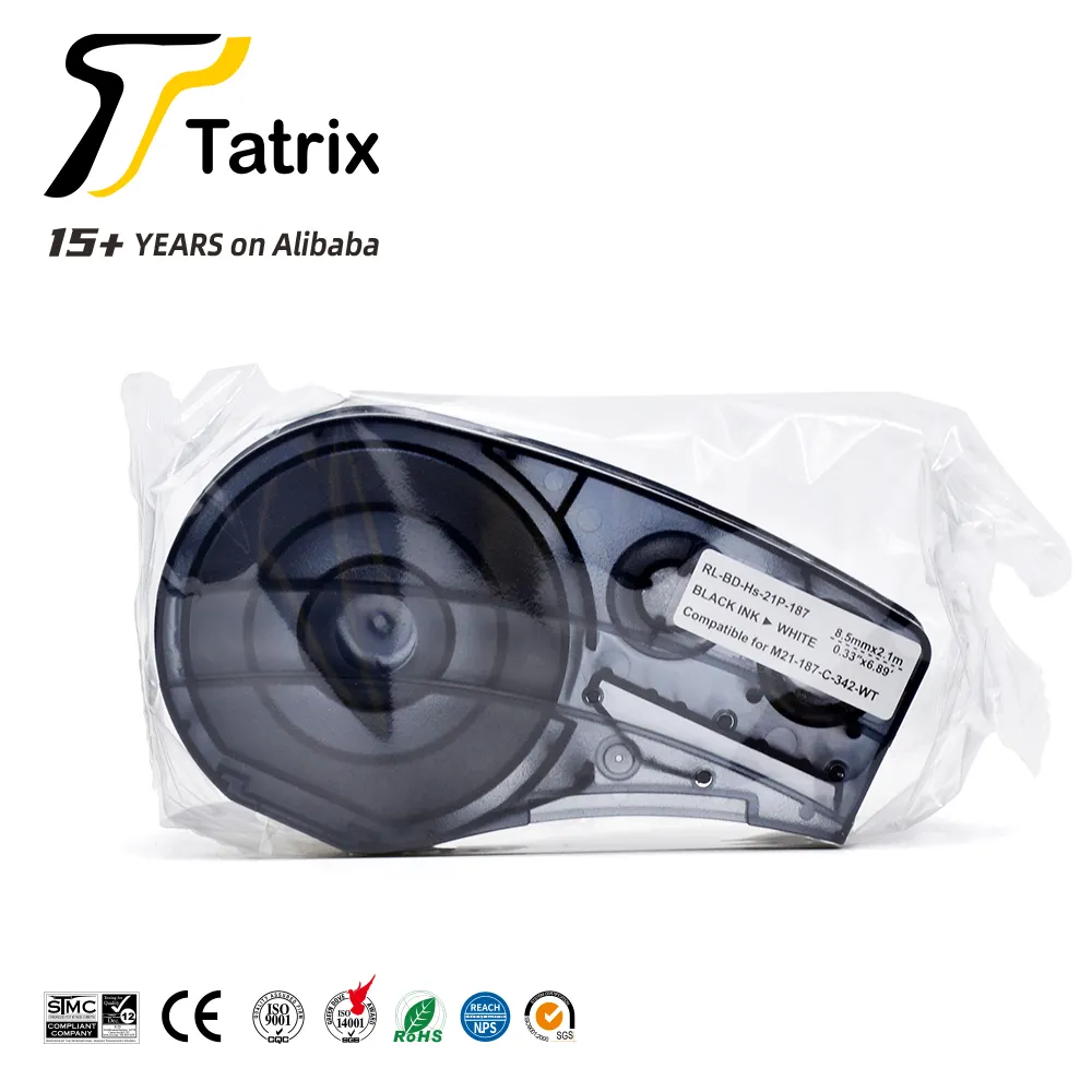 Tatrix Compatible M21-187-C-342 Black on White polyolefin M21-187-C-342-WT Label Tape for brady for BMP21 PLUS Label Printertape