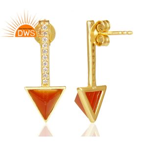 Pendientes de tuerca de Plata de Ley 925 chapados en oro de 14k, joyería al por mayor, aretes triangulares de ónix rojo Natural, proveedor - Product Image 3