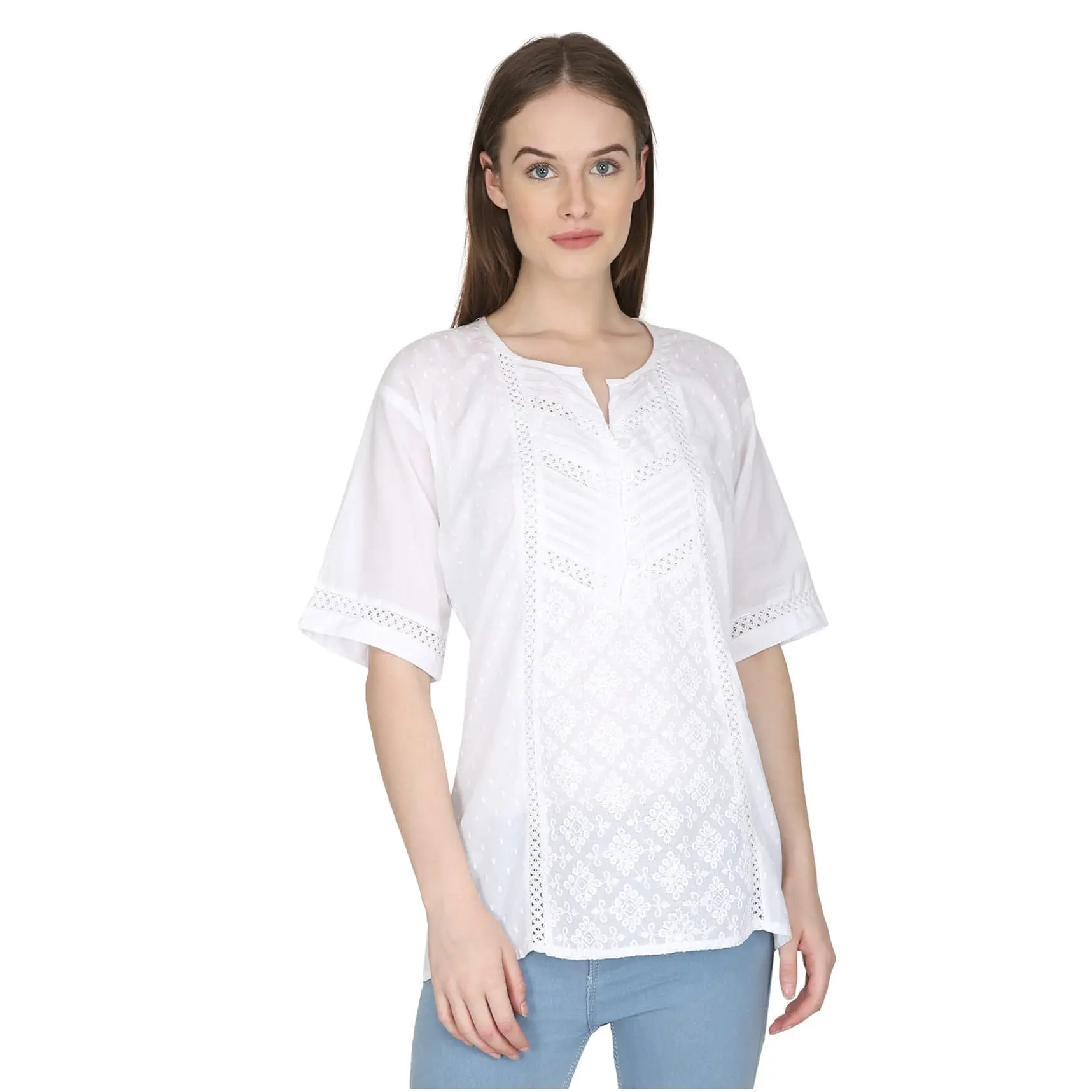 Embroidery Lace Short Sleeve White Blouse Shirt Women's Fashionable 100% Cotton Casual Blouse Top For sale