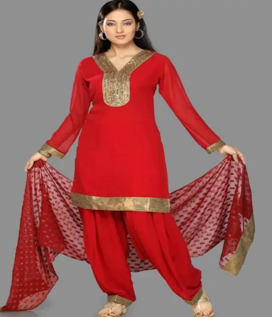 Kameez Pendek Merah dengan <span class=keywords><strong>Patiala</strong></span> Celana Merah dengan Sifon Merah Bermotif Pakaian Duppta Pakistan Pakaian Bagian Baju Pakistan