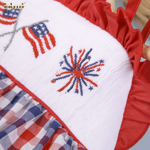 Venta al por mayor: Pelele de niña estilo burbuja con patrón americano, OEM ODM, ropa de bebé de manga corta 100% algodón orgánico, azul marino y rojo. - Product Image 5