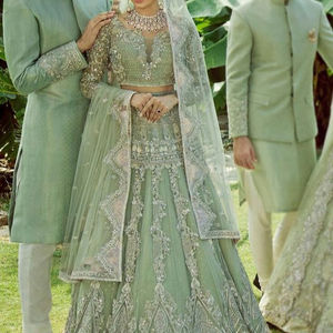 2021 nouveau indien/pakistanais élégant brodé mariée Lehenga et chemisier robe belle soie Zardozi travail tenue de mariage - Product Image 1