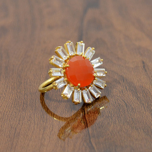 Anillo ajustable de Plata de Ley 925 chapado en oro de 18 quilates con piedra preciosa cornalina naranja natural y motivo floral para bodas - Product Image 2