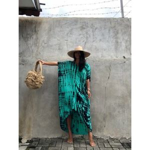 2023 nouveauté bohème cravate teinture robes pour femmes décontracté demi manches Midi longueur 100% coton naturel taille tissé méthode - Product Image 1