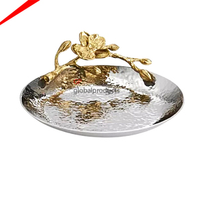 Bandeja de servicio redonda de metal con diseño de flor dorada, bandeja de servicio superior para centro de mesa - Product Image 1