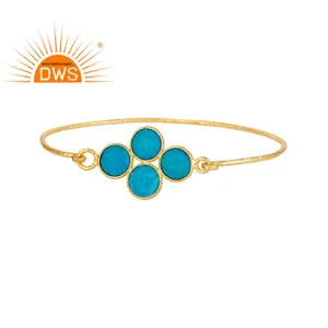 Natural Turquoise Gemstone Bangle 18k Yellow Gold Plated Sterling Silver Charm Flower Bangle Jewelry Wholesaler