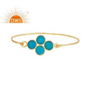 Natural Turquoise Gemstone <b>Bangle</b> 18k Yellow Gold Plated Sterling Silver <b>Charm</b> Flower <b>Bangle</b> Jewelry Wholesaler - Product Image 1