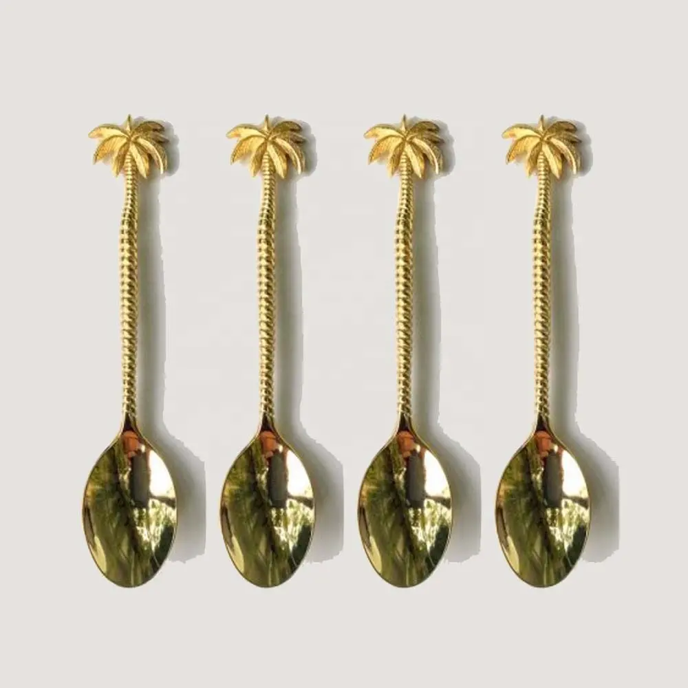 Brass Dessert Spoon with Palm tree End Ribbed Handle Restaurant cheap silver dinner spoons forks and knife