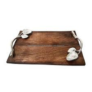 Bandeja de madera con diseño de asta con mango de metal dorado Bandeja de madera elegante Bandeja de servicio - Product Image 4