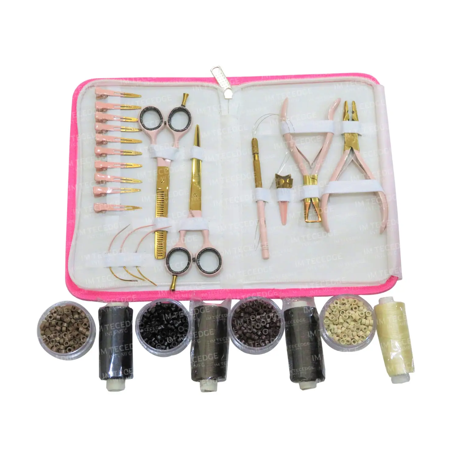 Kostenlose kleine Nylon faden rollen OEM Auf Lager Micro Ring Perlen Silikon für Haar verlängerung zangen Werkzeuge Hellrosa Gold Kit Set