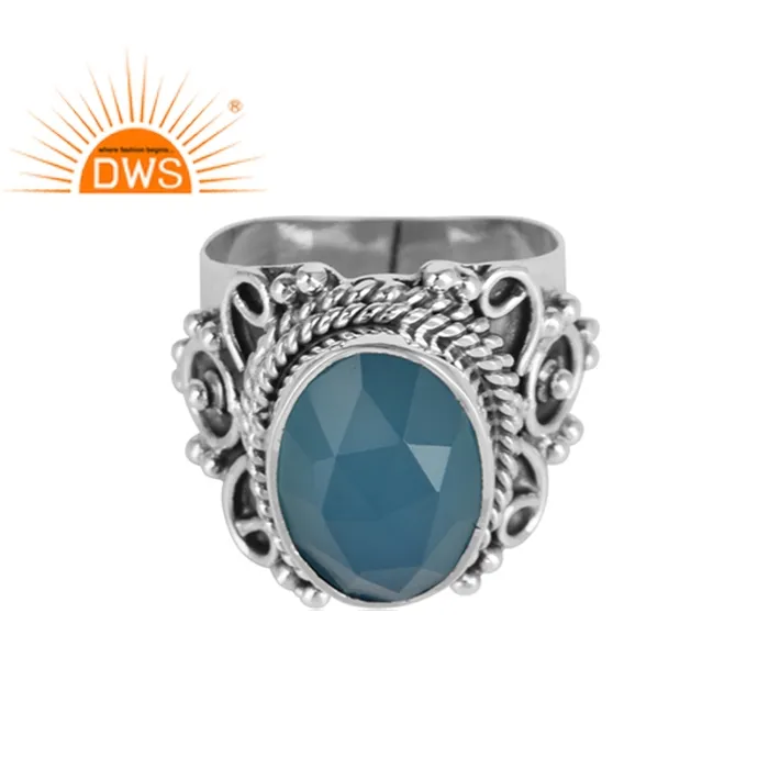 Blue Chalcedony Gemstone Ring Jewelry Supplier Indian Ethnic 925 Silver Chunky Ring Wholesale Manufacturer