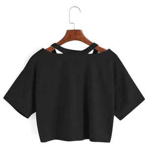 Nuevo último diseño Rosa bordado parche Crop Top transpirable manga corta mujeres Crop Shirts - Product Image 6