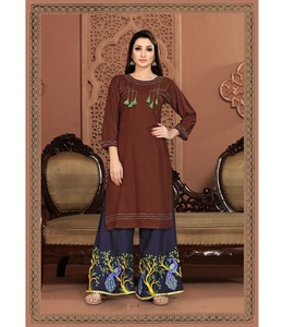 El último diseñador de manga larga Simple Kurti Palazzo Apparelgarment Indian Women Girls Party Wear seda bordada piedra trabajo largo - Product Image 4