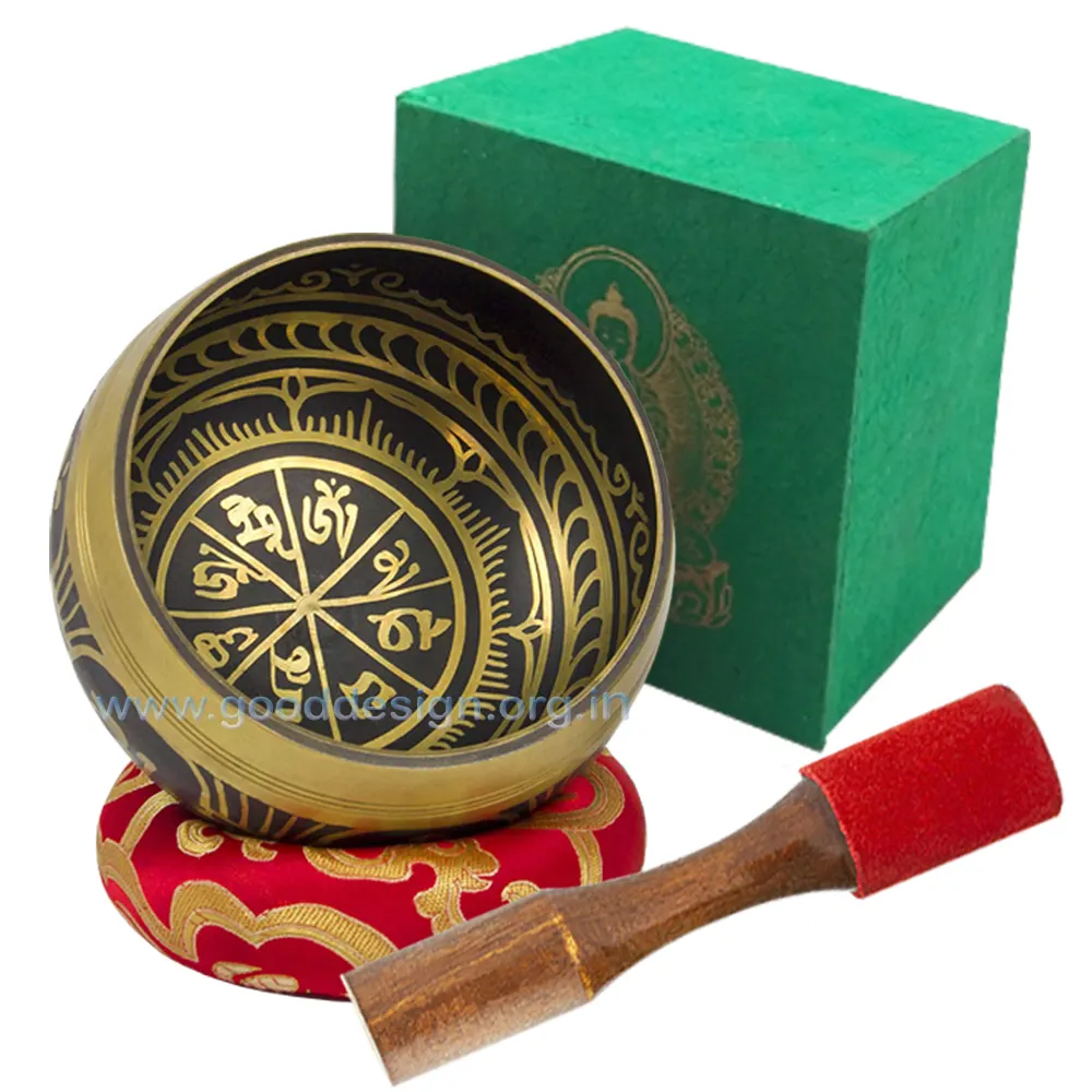 Juego de cuencos de latón de alta calidad para cantar, tamaños 4,5 ", Color negro antiguo con logotipo tibetano personalizado o Chakra, precio al por mayor y cantidad mínima 24