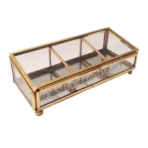Caja de regalo de joyería con 3 compartimentos, de Metal dorado, forma rectangular, Vintage, con vidrio