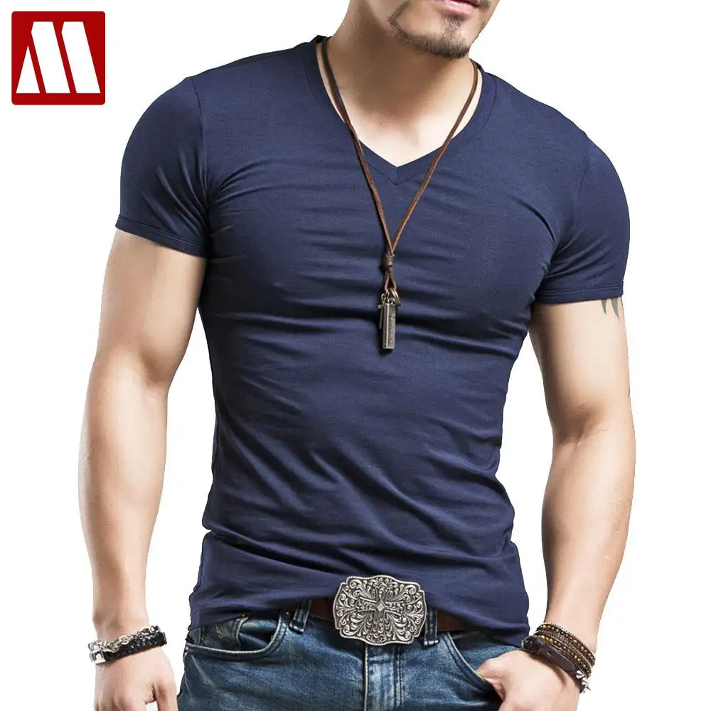 Camiseta azul de manga corta con cuello en V de fibra de bambú para hombre, diseño Regular Fit 100%