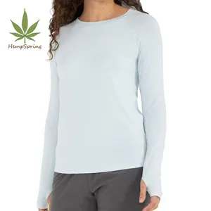 Camiseta elástica de algodão e bambu, camiseta feminina de manga longa para yoga, com elástico, cor sólida