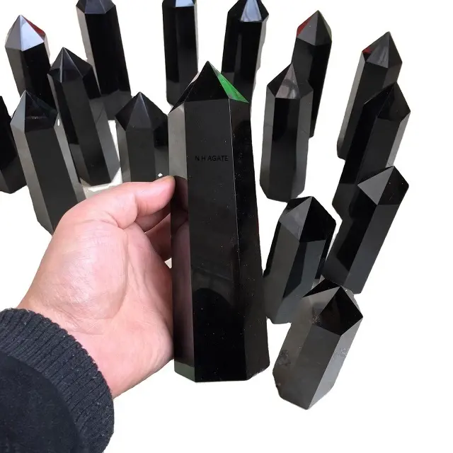 Tongkat Batu Akik Ukiran Tangan, Menara Penyembuhan Batu Obsidian Hitam Indah Menara Batu Permata Feng Shui/Obelisks