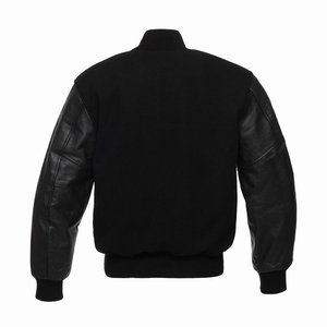 Chaquetas de equipo universitario para hombre, chaquetas de invierno de Color negro con mangas de cuero, cuello levantado y botón cubierto, venta al por mayor - Product Image 2