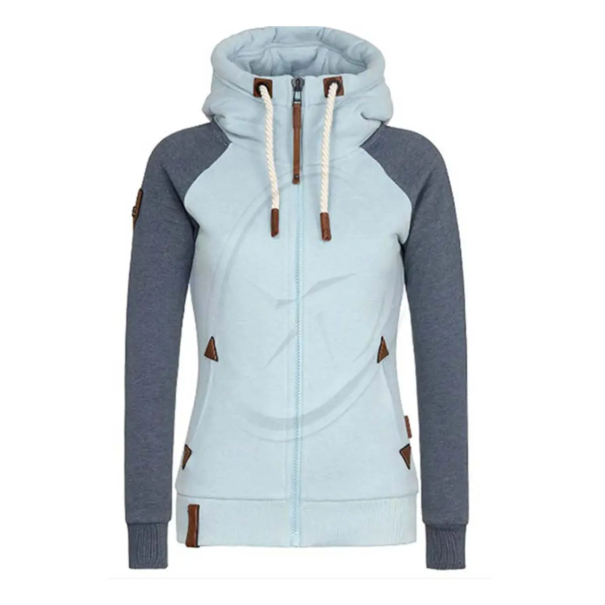 Raglan Ärmel Sweatshirt Mit Tasche Slim Fit Hoodies Leder Logo Zip Up Hoodie Für Frauen Kontrast farbe Großhandel Lieferant