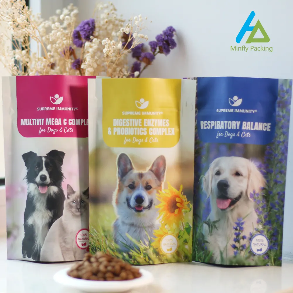 Minfly-Impresión Digital personalizada Mylar, almacenamiento de plástico para mascotas, gatos, perros, bolsa de comida Biodegradable con cremallera de fondo plano