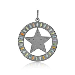 ออกซิไดซ์925เงินธรรมชาติหลายไพลินรูปไข่เพชรพลอยดาวรอบจี้เครื่องประดับ Unisex ขายส่ง - Product Image 4