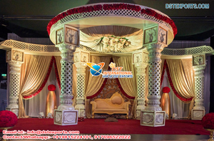 Forme ronde doré sculpté mariage Mandap indien mariage fibre Mandap à Toronto élégant vente chaude or sculpté Mandap ensemble USA - Product Image 5