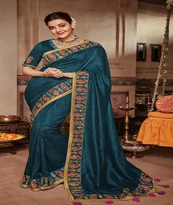 Vichitra seda de Sari del trabajo de bordado con hermosa oro frontera de encaje para boda y la ocasión especial