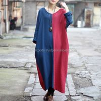 Robe maxi longue et ample en lin, patchwork double coton, tenue vintage, col rond, manches longues, style boho, vintage, qualité riche, prix usine