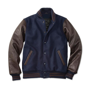 Chaqueta Varsity Azul Rey de Lana Cortavientos MSWVJ078 con Mangas de Cuero Vacuno Marrón Oscuro y Cierre de Botones de Cuerno - Product Image 1