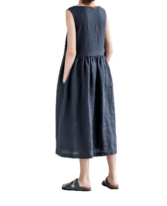 Classic 2022 Black Linen Ladies Sleeveless Dress Made With 100% Linen. Half Sleeves Made Stylish Dress