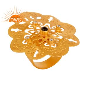 Filigree Design Statement Ring Fashion Jewelry Manufacturer Indian 18k <b>Gold</b> Plated Brass Smoky Quartz Gemstone Jewelry Supplier - Product Image 1