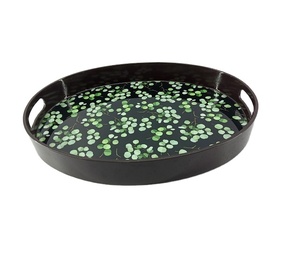 Modern <b>Oval</b> Wooden Serving Tray with Green Leaf Print High Gloss Decorative <b>Coffee</b> <b>Table</b> Tray with Cutout Handles - Product Image 1