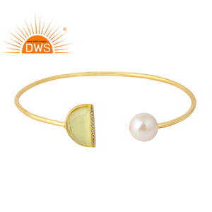 Natural Pearl Yellow Moonstone Designer 14K Gold Plated Sterling 925 <b>Silver</b> Cuff <b>Bangles</b> Jewelry Supplier Classic Collection - Product Image 1