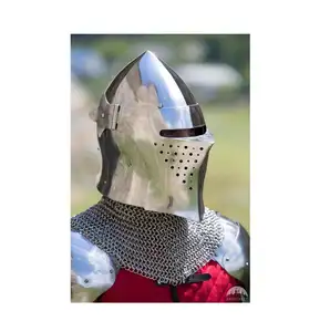 Capacete italiano de barbuta, capacete com viseira de reparação, capacete medieval de prata, capa de cabeça e rosto