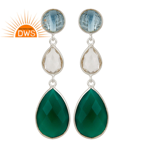 Boucles d'oreilles pendantes en topaze bleue, Quartz cristal et Onyx vert, bijou en argent, offre spéciale - Product Image 1