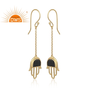 Hamsa Hand Designer Earring Yellow Gold Plated Silver Chain Drop Earring Natural Black Onyx Earrings Supplier - Product Image 2