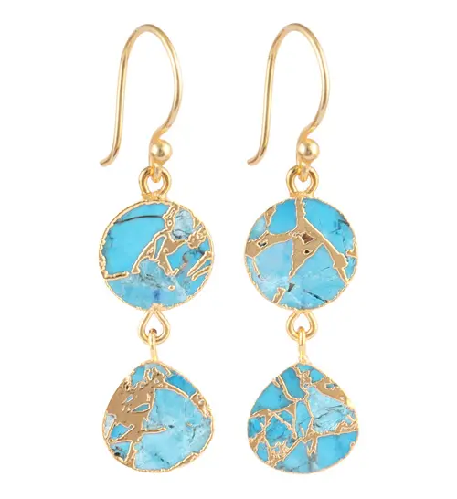 Top recommended mohave blue copper turquoise hanging drop dangle earrings gold plated light weight double stone hook earrings