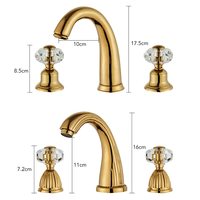 Robinet de lavabo STOCCO de luxe, design français, finition dorée, à 3 trous, montage sur plan, avec cartouche en céramique et poignées en cristal