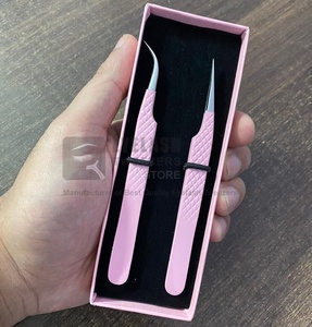 Pince à épiler professionnelle d'extension de cils rose clair poignée en diamant durable cils incurvés droits en acier inoxydable pointus privé - Product Image 2
