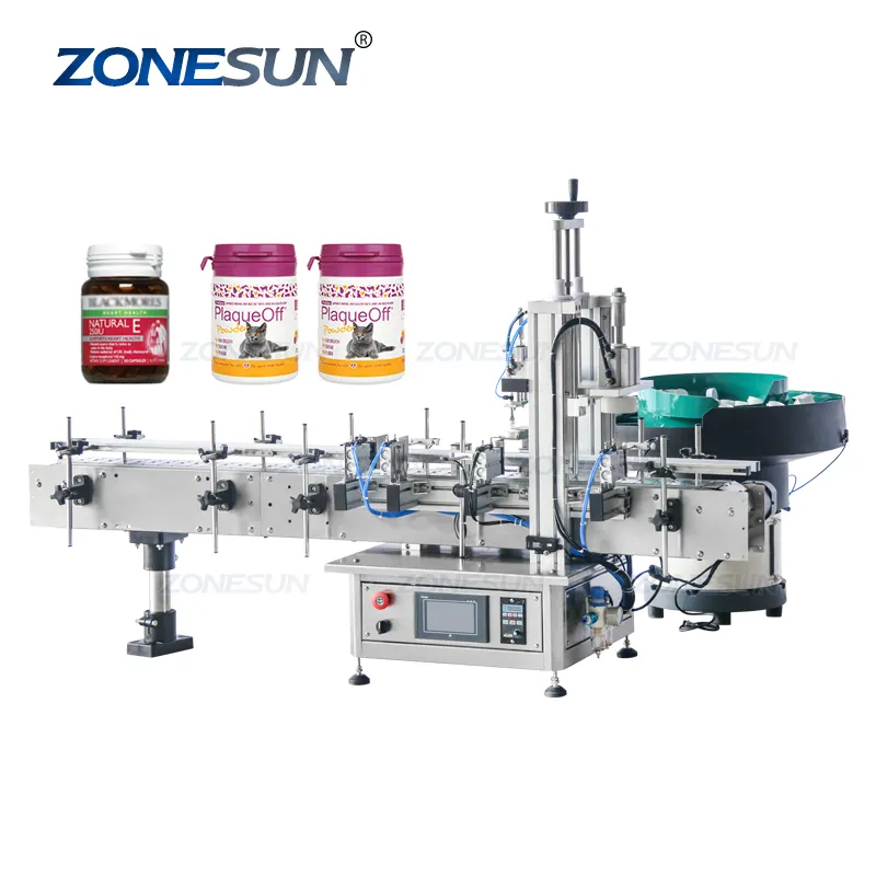 Zonesun Automatische Plastic Traanband Tamper Evident Candy Kauwgom Fles Desktop Cap Persmachine Met Trillingsfeeder