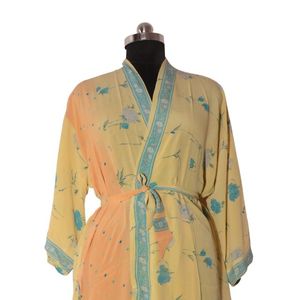 Albornoz de Kimono Sari de seda reciclada india, vestido largo Floral para dormir de noche para verano, bata de maternidad, ropa de dormir Sexy para mujer - Product Image 2