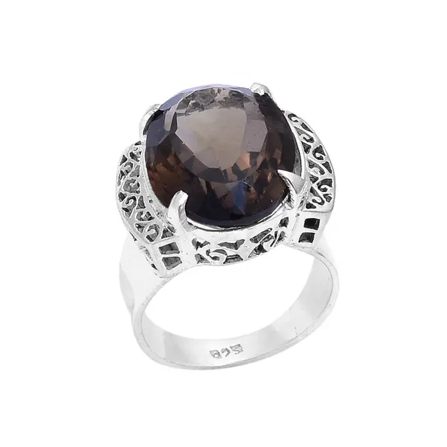 Exclusive Collection Wholesale 18x13 oval Smokey Quartz Gemstone 3d Casting Filigree Design 925 Sterling Silver Jewelry Ring
