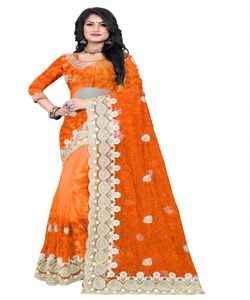 Vêtements de soirée designer brodé net soie fleur design indien dames portent couleur orange saree avec chemisier pièce perle travail sari ethnique - Product Image 1