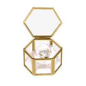 Joyero con forma hexagonal, organizador de exhibición de latón dorado y vidrio, caja de recuerdo para almacenamiento, baratija, anillo, pendiente - Product Image 1