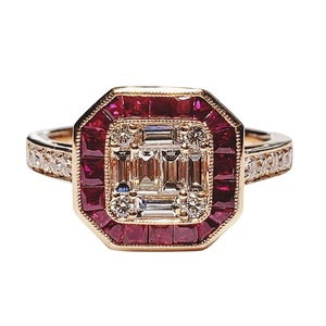 Ruby Gemstone Classic Wedding Ring 18K Solid Rose Gold Square Baguette Diamond Cluster - Product Image 1