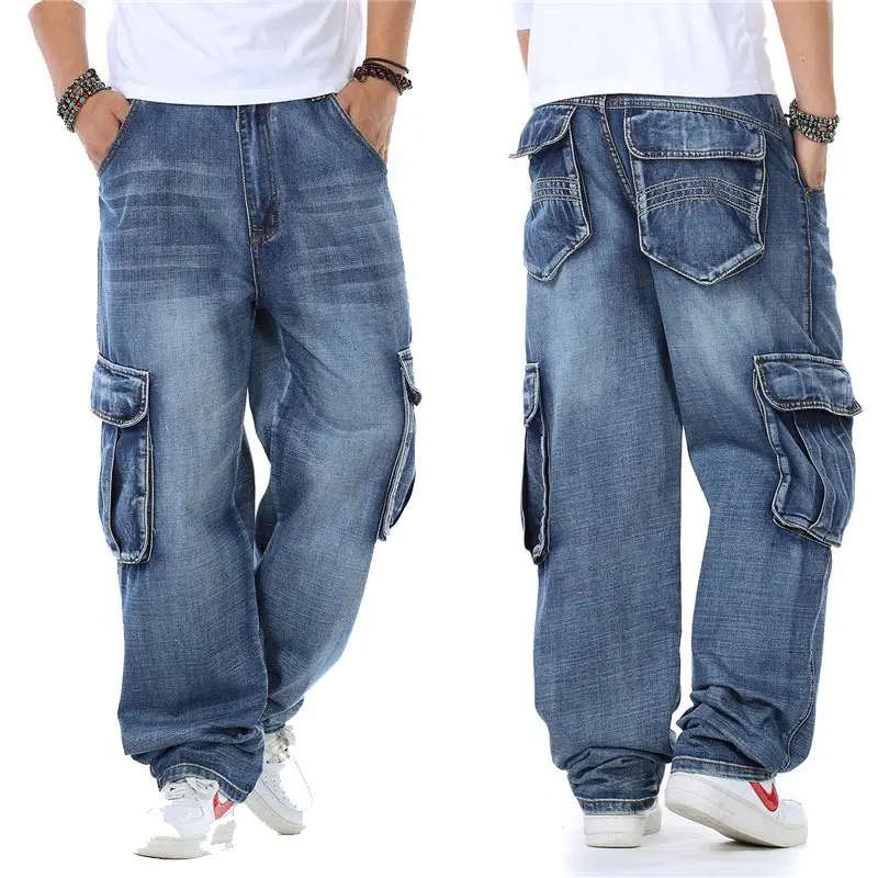 Pantalones vaqueros rectos de estilo japonés para hombre, Vaqueros Cargo holgados con bolsillos laterales, color azul, 2021