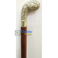 Canne de marche nautique artisanale en laiton poli et bois avec motif gravé et embout de sécurité en caoutchouc durable