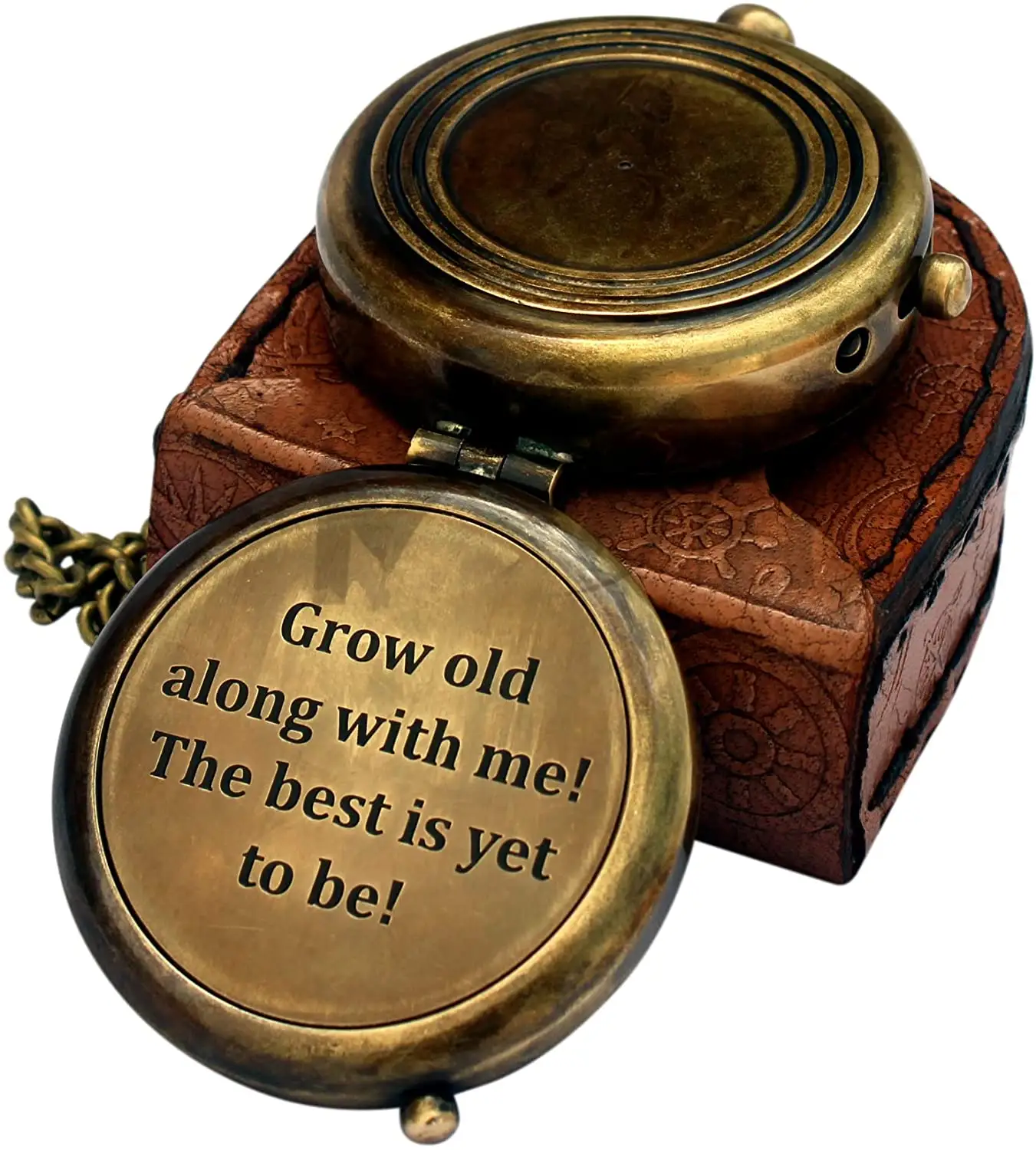 CHCOM099 Grow Old with ME Engraved Brass Compass ON Chain with Leather Case Wedding Gifts Valentines Day Gifts